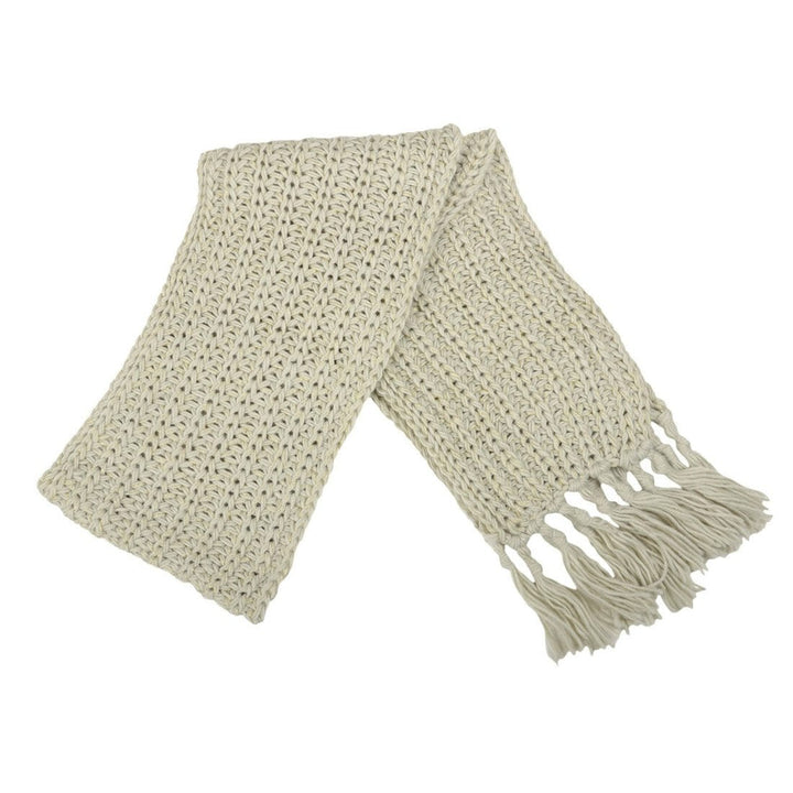 woomens chunky knitted scarf with gold threads shmmery on white background