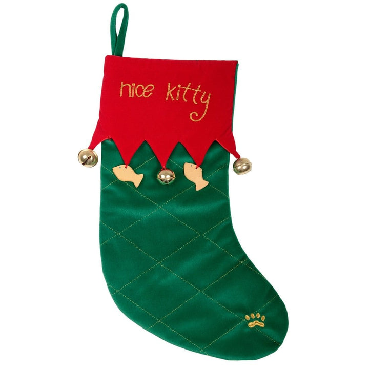 Nice Kitty Pet Cat Christmas Stocking Red &amp; Green Fabric