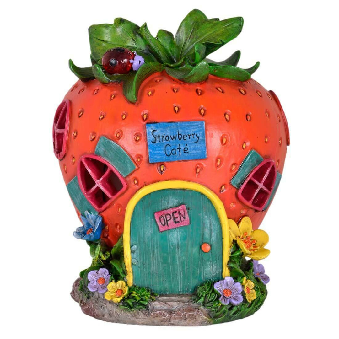 Solar Powered LED House Garden Ornaments Patio Outdoor Feature Strawberry Cafe