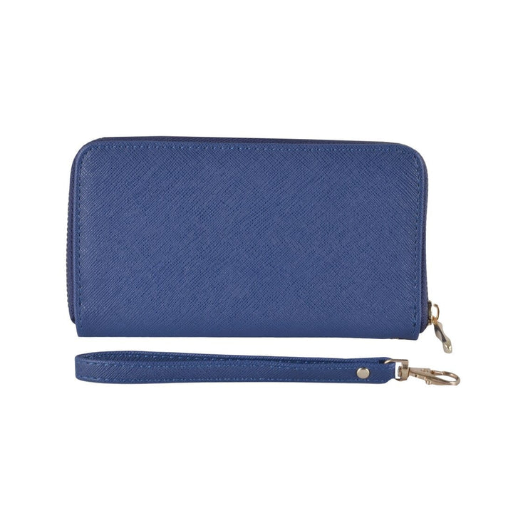 Blue faux leather purse with wrist strap on a white background