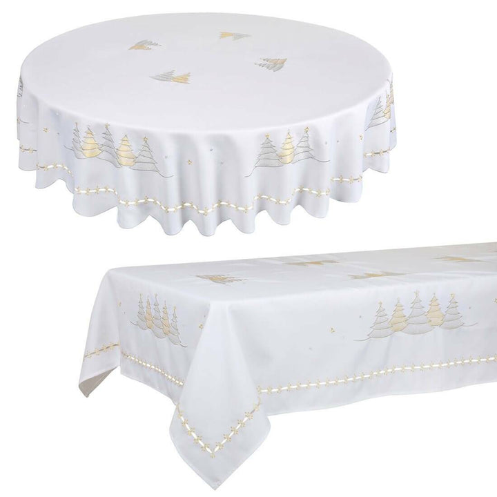 Fabric Christmas Tablecloths Table Covers / Napkins Xmas Tree White / 52 x 70"